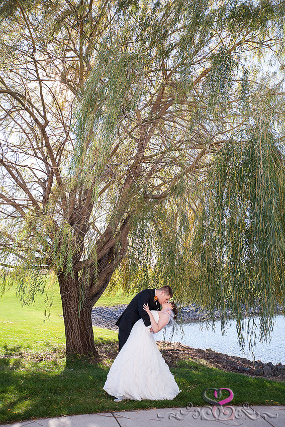37-bride-and-groom-dip-kiss-under-tree-michigan-photographer-Fall-Wedding-at-Waterford-Crossing-Goshen-IN